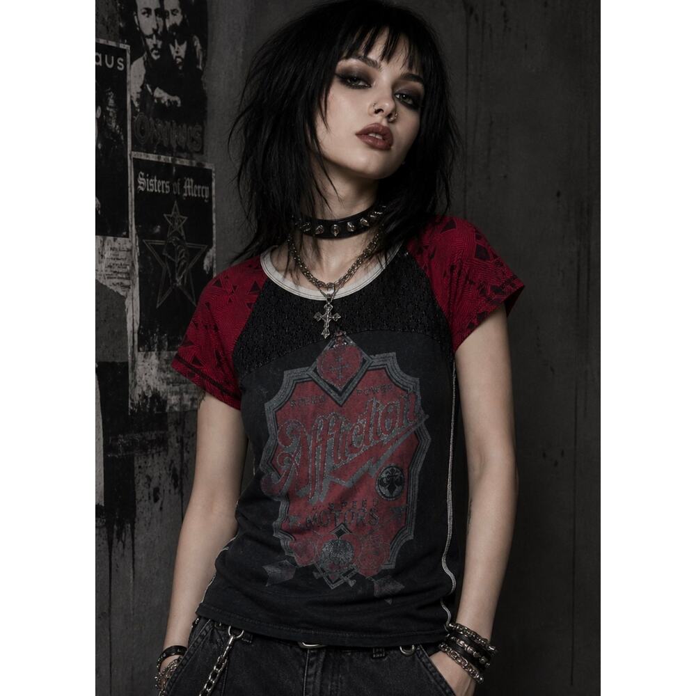 Affliction Graphic Tee ringer distressed Goth Grunge Y2K Emo Alt shirt black M